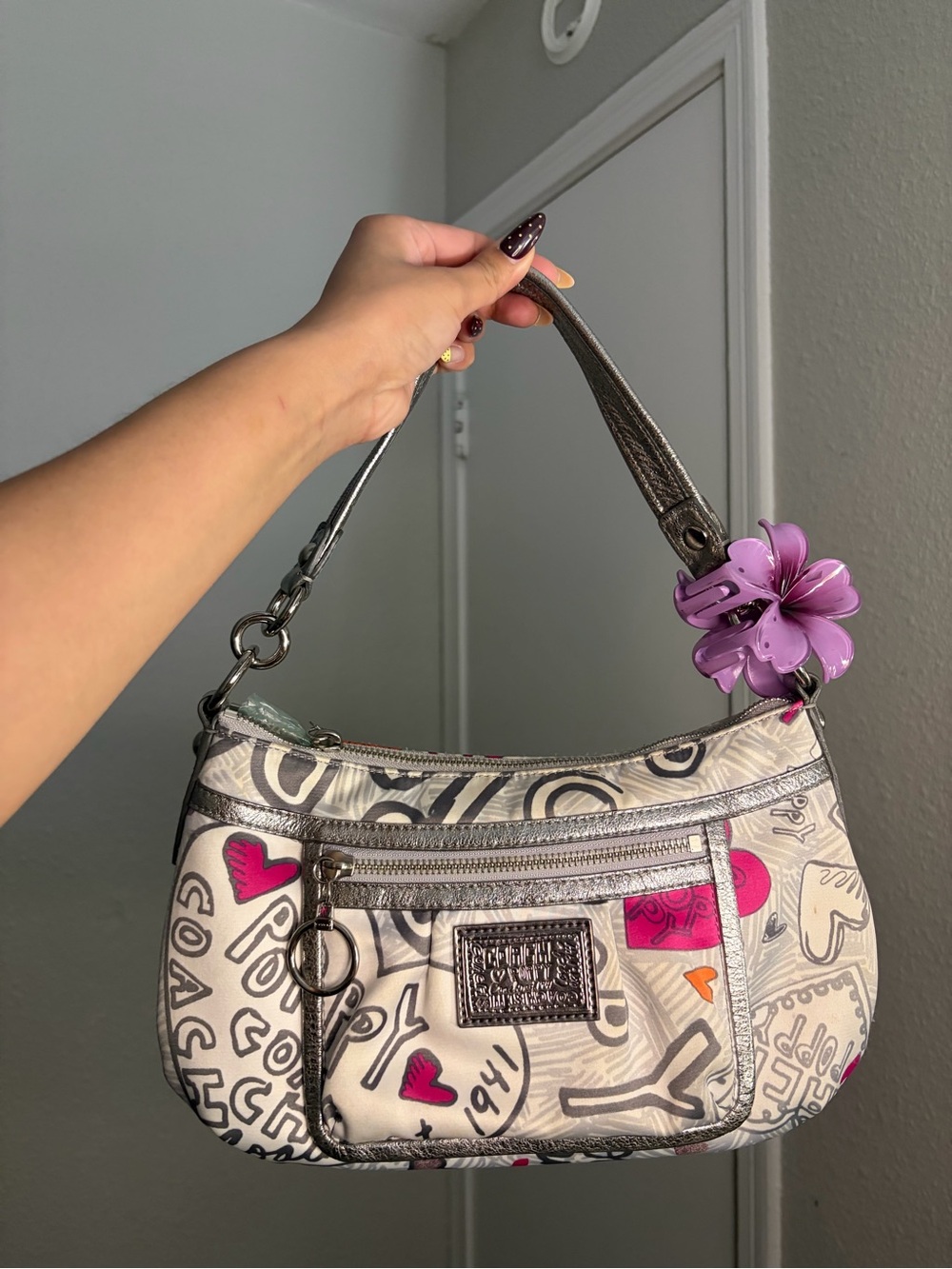 Coach White Graffiti Shoulder Bag with Pink and Purple Accents